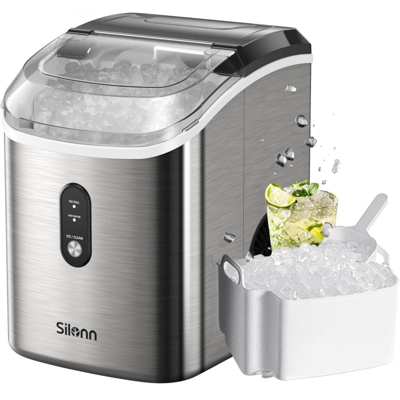 ecozy Nugget Ice Maker Countertop - Chewable Pellet Ice Cubes, 33 lbs Daily  Output, Stainless Steel Housing